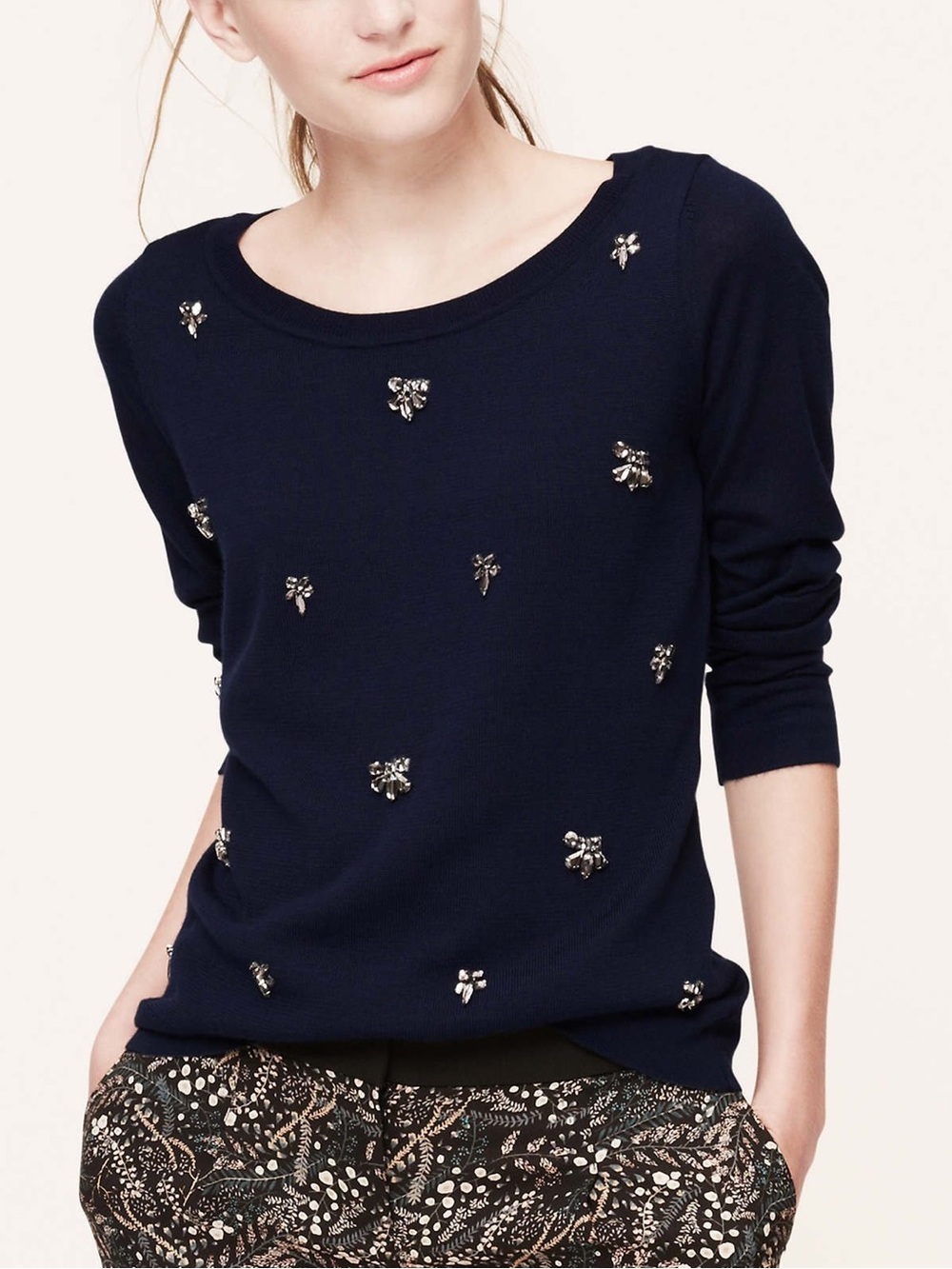 LOFT Navy Jeweled Crewneck Sweater